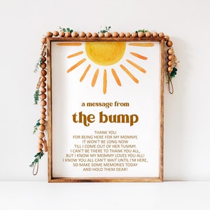 Letrero con mensaje de sol para baby shower desde la barriguita "Aquí viene el sol, eres mi hijo", letrero bohemio para baby shower, imprimible, no editable, 0118