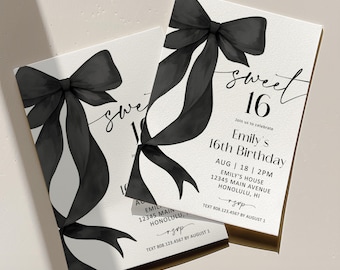 Editable Sweet 16 Invitation, Black Bow Coquette 16th Birthday Invitation Template, Trendy Black Ribbon Invite (Any Age) Corjl 0155