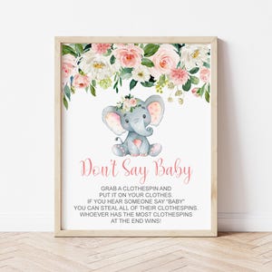 Juego "No digas bebé" para baby shower con elefante, floral rosa ruborizado, imprimible (no editable) 0121