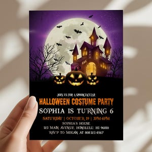 Editable Spooky Halloween Invitation Kids Birthday Costume Party Invite Printable Template Purple Scary Pumpkins Haunted House