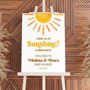 Cartello di benvenuto modificabile per baby shower Sunshine Cartello di benvenuto per un piccolo raggio di sole Cartello di benvenuto Boho Sun Baby Shower stampabile Corjl 0118
