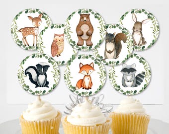 Woodland Animal Cupcake Toppers Printable, Greenery Woodland Baby Shower Birthday Party Printable 0120