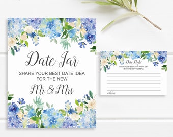 Date Jar Card & Sign Printable Hydrangea Bridal Shower Date Night Idea Cards Boho Blue Floral NOT Editable B77