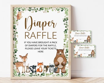 Diaper Raffle Tickets and Sign Woodland Baby Shower Game Greenery Woodland Animals Forest Baby Shower Printable NOT Editable 0120