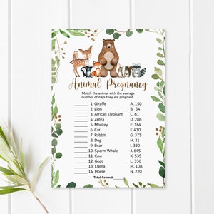 Animal Pregnancy Game Animal Gestation Game Woodland Baby Shower Game Greenery Woodland Animals Baby Shower Printable NOT Editable 0120