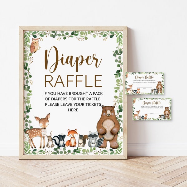 Diaper Raffle Tickets and Sign Woodland Baby Shower Game Greenery Woodland Animals Forest Baby Shower Printable NOT Editable 0120