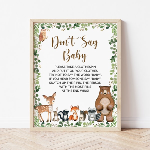 Don't Say Baby Game Woodland Baby Shower Game Greenery Woodland Animals Baby Shower Dont Say Baby Game Sign Printable NOT Editable 0120