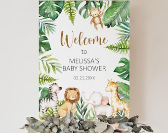 Editable Safari Jungle Baby Shower Welcome Sign Tropical Wild One Baby Shower Entrance Poster Printable, Corjl 0127