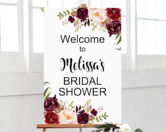 Burgundy Bridal Shower Welcome Sign Welcome Poster Bridal Shower Wedding Shower Sign Marsala Maroon Blush Floral Digital File B61 C48