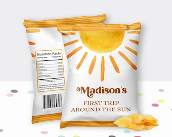 Rótulo editável para pacote de batatas fritas Sun, chá de bebê com tema "Viagem ao redor do sol", aniversário boho, lembrancinhas para festa ensolarada, modelo imprimível Corjl 0118