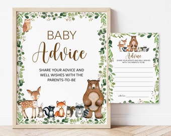 Advice for Parents To Be Woodland Baby Shower Greenery Woodland Animals Advice Cards and Sign Forest Animals Printable NOT Editable 0120