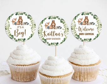 Editable Woodland Cupcake Toppers Woodland Baby Shower Cupcake Decor Greenery Woodland Animals Forest Animals Printable Toppers Corjl 0120