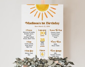 Panneau d'anniversaire modifiable « Soleil » pour la première année - Modèle d'affiche pour le 1er anniversaire (Corjl 0118)