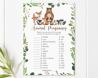 Animal Pregnancy Game Animal Gestation Game Woodland Baby Shower Game Greenery Woodland Animals Baby Shower Printable NOT Editable 0120