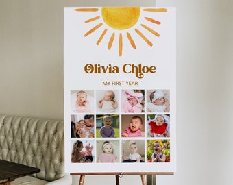 Może przedstawiać: Biały plakat z żółtą ilustracją słońca i tekstem "Olivia Chloe" oraz "Mój pierwszy rok". Plakat zawiera kolaż 12 zdjęć małej dziewczynki.