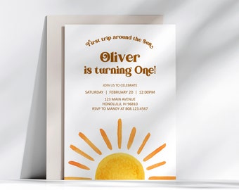 Editable Sun Birthday Invitation First Trip Around The Sun Birthday Bohemian Sunshine Birthday Invite Template Printable Corjl 0118