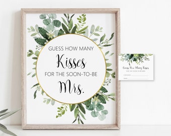 Guess How Many Kisses For The Soon To Be Mrs Greenery Bridal Shower Game Printable Candy Game Succulent Eucalyptus NOT Editable B84