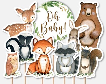 IMPRIMIBLE Woodland Animales Centros de mesa Woodland Baby Shower Oh Baby Woodland Recortes Pañal Pastel Decoración Pastel Toppers NO Editable 0120