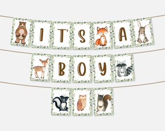 Woodland Baby Shower Printable Banner, It's A Boy Banner, Woodland Animals Banner Forest Baby Shower Decor 0120