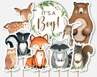 Centre de table animaux de la forêt imprimable Baby Shower des bois pour gâteau de couches, décoration de gâteau de garçon non modifiable 0120