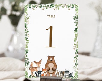 Editable Table Number Cards Woodland Animals Woodland Baby Shower Decor Forest Animals Printable  Table Number Template Corjl 0120