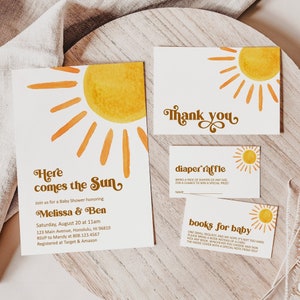Bewerkbare Here Comes The Sun babyshower uitnodigingsset Boho Sunshine babyshower genderneutraal babyshower bundel Corjl sjabloon 0118