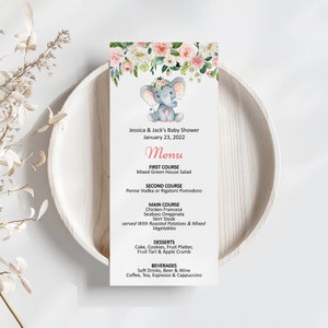 Carte de menu modifiable pour baby shower, éléphant rose, petite cacahuète, menu de brunch pour baby shower fille Printale Corjl 0121