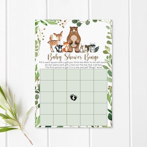 Jeu de cartes de bingo pour baby shower des bois Jeu de baby shower de verdure Animaux de la forêt Jeu de baby shower de forêt imprimable, non modifiable 0120