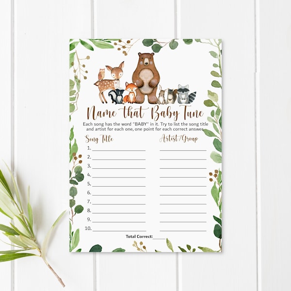 Name That Baby Tune Game Woodland Baby Shower Game Greenery Woodland Animals Baby Shower Game Baby Song Game Printable NOT Editable 0120