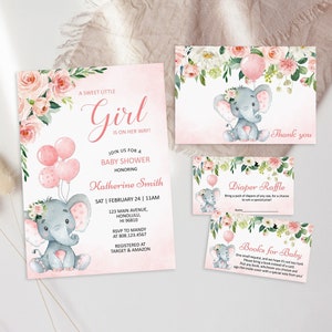 Bearbeitbares Elefant-Babyparty-Einladungs-Set Mädchen-Rosa-Baby-Elefant laden kleine Erdnuss-Babyparty-Bundle ein Druckbare Vorlage Corjl 0121