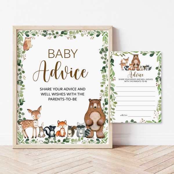 Advice for Parents To Be Woodland Baby Shower Greenery Woodland Animals Advice Cards and Sign Forest Animals Printable NOT Editable 0120