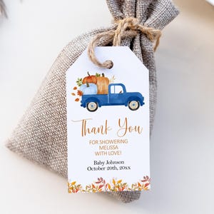 Editable Blue Pumpkin Baby Shower Thank You Tag – Fall Party Favor Printable Corjl Template 0117