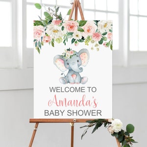 CUSTOM Elephant Baby Shower Welcome Sign Welcome Poster Blush Pink Elephant Floral Girl Baby Shower Welcome Sign Digital File 0121