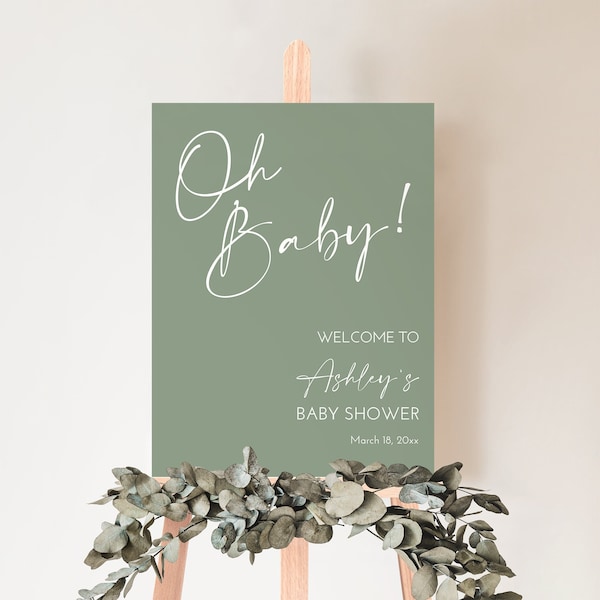 Editable Oh Baby Gender Neutral Baby Shower Welcome Sign Template Minimalist Green Baby Shower Sign Printable Corjl 0122