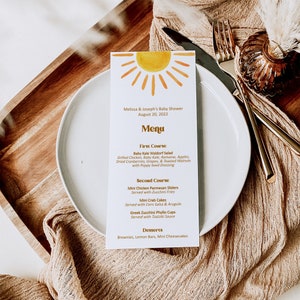 Menú editable para baby shower con tema de sol, imprimible, primer viaje alrededor del sol, menú de fiesta de cumpleaños boho con tema de sol, tarjeta Corjl 0118