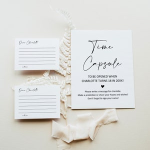 Editable Time Capsule Template Baby Time Capsule Time Capsule Cards and Sign Modern Minimalist Birthday Party Corjl 0122