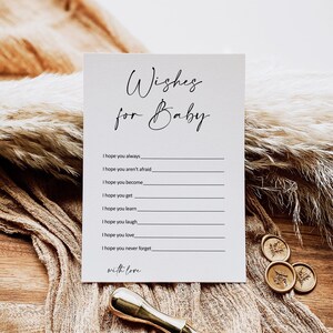 Tarjeta de deseos editable para bebé Consejos para bebés Buenos deseos para bebés Juego de baby shower moderno minimalista Imprimible Corjl 0122