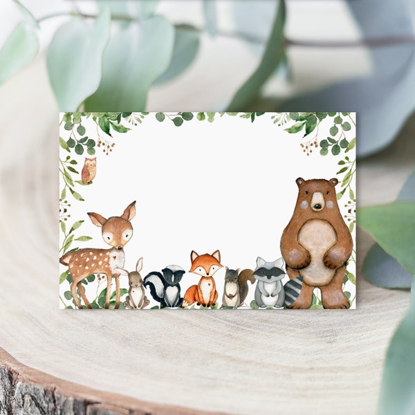 Woodland Editable Place Cards Food Labels Tent Cards Woodland Baby Shower Greenery Woodland Animals Printable Corjl 0120