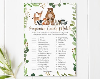 Pregnancy Candy Match Game Woodland Baby Shower Game Greenery Woodland Animals Baby Shower Game Printable NOT Editable 0120