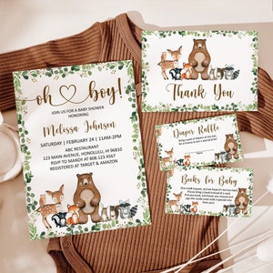 Bearbeitbares Wald Baby Shower Einladung Set Greenery Waldtiere Wald Baby Shower Es ist ein Junge Einladung Vorlage Corjl 0120