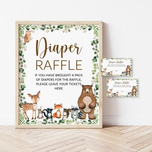 Boletos para la rifa de pañales y letrero Woodland Baby Shower Juego Greenery Woodland Animals Forest Baby Shower Imprimible NO Editable 0120