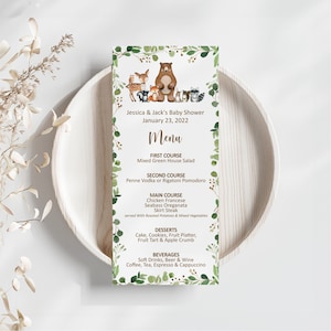 Edytowalne menu na baby shower w lesie Zwierzęta leśne Zwierzęta leśne Menu na przyjęcie urodzinowe Dekoracja na przyjęcie urodzinowe 1. urodziny Corjl 0120