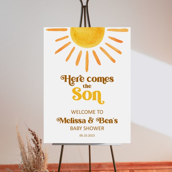 Editable Here Comes The Son Baby Shower Welcome Sign Retro Sun Baby Shower Welcome Poster Boho Sun Welcome Sign Printable Corjl 0118