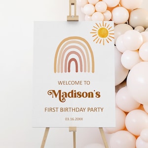 Editable Sunshine Birthday Welcome Sign Boho Rainbow Birthday First Trip Around The Sun Birthday Welcome Poster Printable Corjl 0118