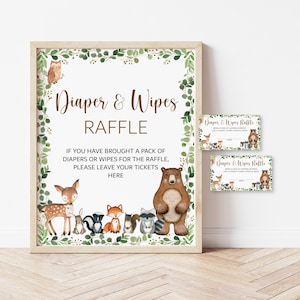 Windel und Feuchttücher Raffle Tickets und Zeichen Wald Baby Shower Spiel Greenery Waldtiere Wald Baby Shower Printable NICHT bearbeitbar 0120