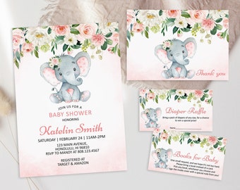 Editable Elephant Baby Shower Invitation Set, Pink Elephant Floral Baby Shower Bundle Printable Template Corjl 0121