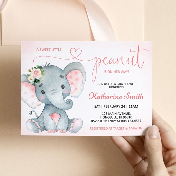 Editable Elephant Baby Shower Invitation Pink Elephant Invitation Girl Little Peanut Baby Shower Invite Printable Template Corjl 0121