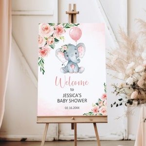 Bearbeitbares Elefant-Babyparty-Willkommensschild Rosa Baby-Elefant-Willkommensschild-Ballonmädchen-kleine Erdnuss-Babypartyschild Printable Corjl 0121