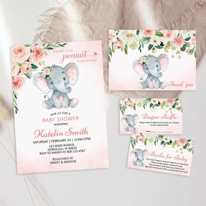 Bearbeitbarer Elefant-Babyparty-Einladungs-Set Mädchen-Rosa-Elefant-kleine Erdnuss-Babyparty-Einladungs-Bundle-Vorlage Printable Corjl 0121