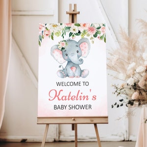 Bearbeitbares Elefant-Babyparty-Willkommensschild Rosa Elefant-Willkommensschild Mädchen-Baby-Elefant-kleine Erdnuss-Babypartyschild Printable Corjl 0121